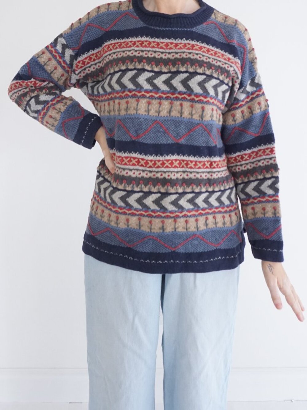 Vintage H Baskin Navy Fair Isle Nordic Embroidered Cotton Blend Knit Sweater L